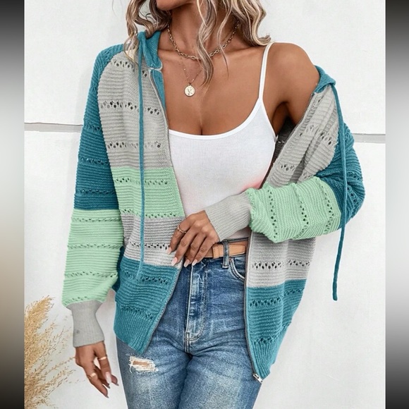 Boho color block zip up drawstring hooded knit sweater - Picture 3 of 5